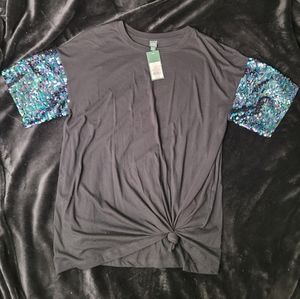 NWT Sequin Sleeved Tee with Hi Low Hem